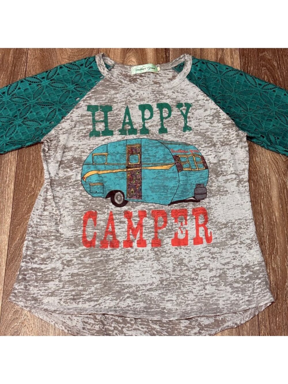 Happy Camper Graphic Tee Teal Lace 3/4 Sleeves Southern Grace Womens M/L??